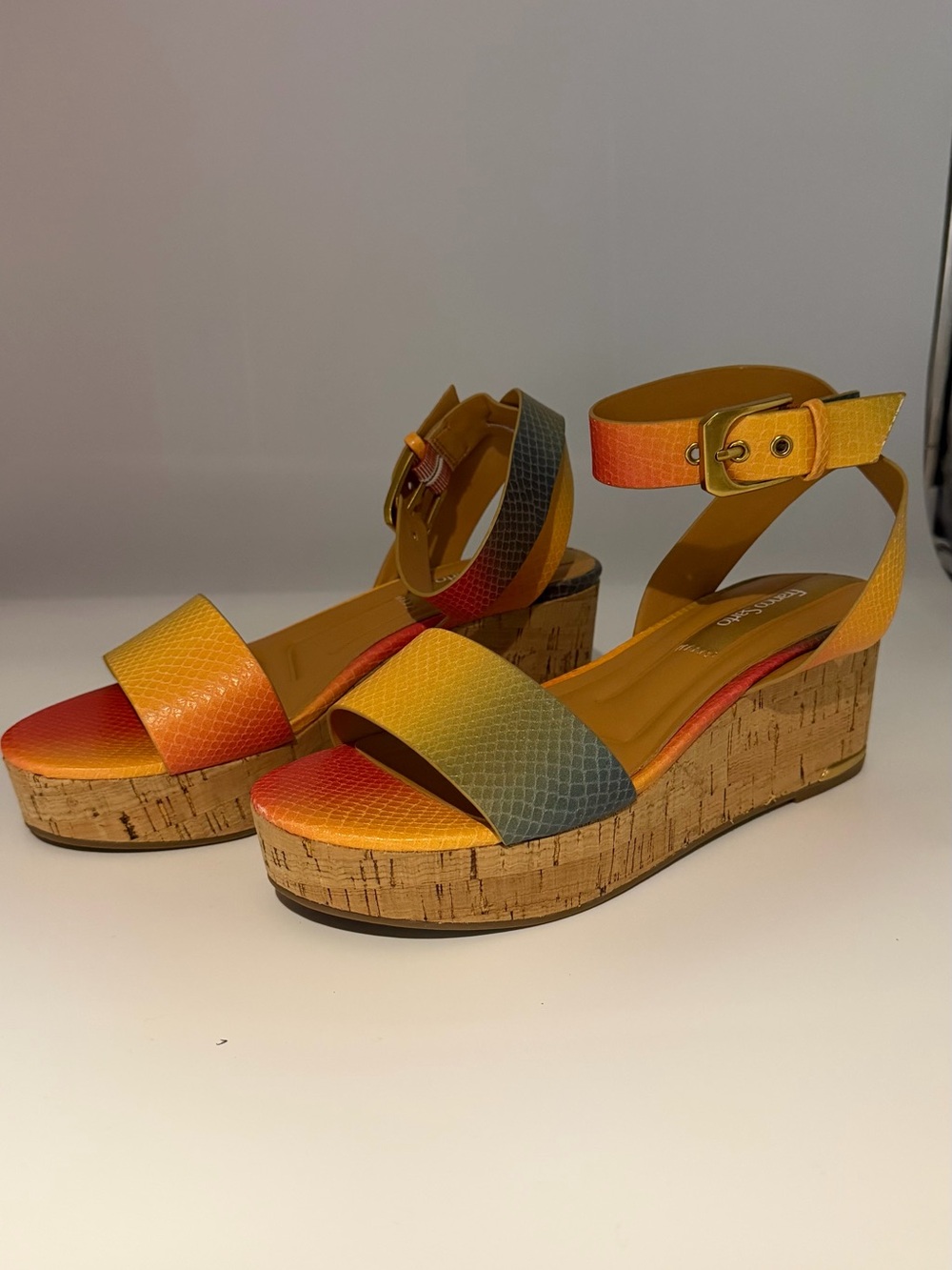 Franco Sarto Multicolor Gradient Cork Wedge Sandals 6W